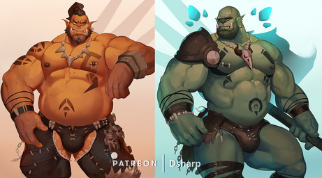 abs beard belly biceps bottomwear bracelet bulge clothing duo eyebrow_piercing facial_hair facial_piercing green_body green_skin hair jewelry lip_piercing male musclegut muscular necklace nipple_piercing nipples nose_piercing not_furry orange_body orange_skin pants patreon_logo pecs piercing simple_background smile tattoo text tusks underwear dsharp_k patreon humanoid orc 2017 english_text hi_res