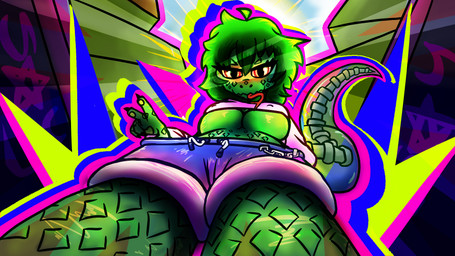abstract_background belt big_breasts black_sclera blue_bottomwear blue_clothing blue_pants blush bottomwear breasts cheek_blush clawed_hands claws cleavage clothed clothing colorful_background crop_top dramatic_lighting female gesture green_body green_hair green_scales hair hair_over_eyes half-closed_eyes hand_gesture horn lens_flare looking_at_viewer looking_down messy_hair narrowed_eyes open_clothing open_shirt open_topwear pants pupils scales sharp_teeth shirt short_hair sitting slit_pupils smile smug solo spread_legs spreading star_symbol tail teeth thick_tail tongue tongue_out topwear unzipped unzipped_pants wings zipper spaidynator lizard reptile scalie digital_media_(artwork) hi_res neon_colors signature