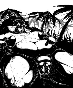 anthro areola belly big_areola big_belly big_clitoris big_vulva bow_ribbon clitoris collar deep_navel detailed_background dripping_vulva erect_nipples female genitals grass hyper hyper_genitalia hyper_vulva macro_female navel nipples nude obese obese_female overweight overweight_female palm_tree plant solo tree vulva titaniumwhut dinosaur prehistoric_species reptile scalie 5:6 black_and_white hi_res monochrome