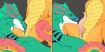 absurd_res ambiguous_gender animal_genitalia cunnilingus dragon ember_(snowviper) endermoonfur genital_slit genitals green_body herm hi_res horn intersex licking licking_lips multicolored_body mythological_creature mythological_scalie mythology oral orange_body penis pussy scalie sex simple_background spread_legs spreading stripes tapering_penis tongue vaginal