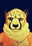 anthro clothed clothing facial_spots glistening glistening_eyes looking_at_viewer male mouth_closed scarf solo spotted_face yookie cheetah felid feline mammal 2015 bust_portrait dated hi_res icon portrait restricted_palette