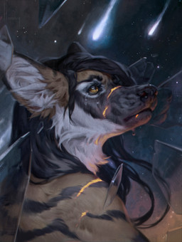 ambiguous_gender anthro biped black_body black_fur black_hair bodily_fluids brown_body brown_fur crying detailed_background facial_markings fur hair head_markings inner_ear_fluff long_hair markings multicolored_body multicolored_fur muzzle_(marking) solo striped_body striped_fur stripes tears tuft white_body white_fur white_inner_ear white_inner_ear_fluff yellow_eyes honovy heron_stellanimus canid canine mammal maned_wolf 2025 digital_media_(artwork) hi_res