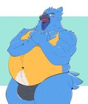 belly_overhang blush bulge clothing looking_at_viewer male one_eye_closed overweight overweight_male underwear wet wet_body wink winking_at_viewer fatezo neptune_mereaux avian bird bluebird eastern_bluebird oscine passerine thrush_(bird) absurd_res hi_res