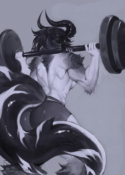 anthro barbell butt exercise female fur grey_body grey_fur horn multicolored_body muscular rear_view solo standing tail white_body white_fur workout zackusy aquatic bovid caprine fish goat hybrid mammal shark absurd_res hi_res
