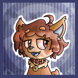 blue_border blue_tongue border brown_body brown_fur brown_hair collar cute_fangs eyelashes fangs femboy fluffy fur hair male pattern_background simple_background simple_eyes smile solo teeth tongue toony nathancore canid canine mammal 1:1 absurd_res hi_res icon