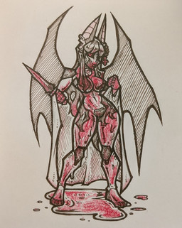anthro black_sclera blood blood_in_hair bodily_fluids breasts dagger ear_piercing female genitals hair knife long_hair machine melee_weapon nude piercing plantigrade pointy_ears red_eyes vulva weapon wings zeffa android bat mammal robot hi_res sketch