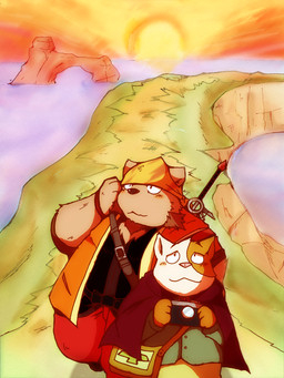 anthro blush bottomwear clothing duo kemono male outside overweight overweight_male pants shirt sun topwear water weapon snow_utamaru bear domestic_cat felid feline felis mammal 2014 3:4
