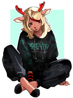 alternative_fashion anthro antlers blonde_hair cigarette cigarette_in_mouth clothing eyeliner eyeshadow female goth hair hoodie hooves horn makeup object_in_mouth pale_fur red_antlers red_eyes solo topwear f4kqcid3 deltarune pierce_the_veil undertale_(series) noelle_holiday deer mammal new_world_deer 3:4 absurd_res hi_res