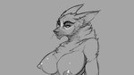 16:9 2018 4k absurd_res anthro big_breasts breasts bust_portrait canid canine canis digital_drawing_(artwork) digital_media_(artwork) female fur grey_background hi_res mammal monochrome nipples nude portrait simple_background solo standing watsup widescreen wolf