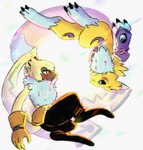 anthro bandai_namco black_sclera blue_eyes blush bottomwear clothing curled_tail digimon digimon_(species) duo fluffy_chest fur gloves handwear lagomorph leporid long_ears mammal nsomiy23 orange_eyes pants ponytail_ears rabbit renamon symbareangoramon tail yellow_body yellow_fur