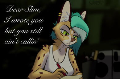 anthro big_ears boombox clothing ear_piercing ear_ring female fur green_eyes green_hair hair humor inner_ear_fluff joke paper piercing ring_piercing shirt sitting solo spots t-shirt text topwear tuft white_body white_fur writing_text yellow_body yellow_fur conditional_dnp warest eminem hannah_(warest) felid feline mammal serval hi_res meme