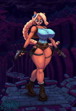 accessory anthro big_breasts blonde_hair boots bottomwear braided_hair breasts brown_body clothed clothing cosplay crossover_cosplay eyebrows eyewear female fingerless_gloves fingers flower flower_in_hair footwear gloves green_eyes gun hair hair_accessory handgun handwear holidays hotpants huge_breasts long_hair looking_at_viewer multicolored_body nipple_outline plant ranged_weapon shoes shorts small_waist solo standing sunglasses text thick_thighs topwear two_tone_body weapon snao activision crash_bandicoot_(series) halloween tomb_raider coco_bandicoot lara_croft bandicoot mammal marsupial 2022 artist_name crossover dated full-length_portrait hi_res portrait