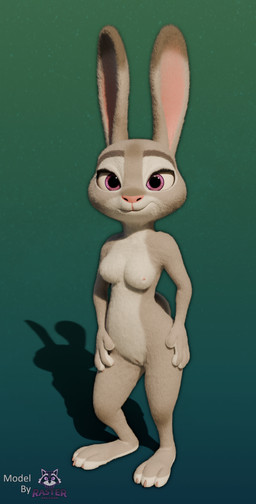 3_toes 4_fingers anthro breasts countershading feet female fingers front_view genitals hands_on_hips long_ears nipples nude pink_nose purple_eyes simple_background smile solo standing text toes vulva rasterraccoon disney zootopia judy_hopps lagomorph leporid mammal rabbit 3d_(artwork) absurd_res blender_(artwork) digital_media_(artwork) english_text hi_res watermark