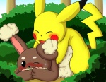 black_eyes blush duo eyes_closed female feral forest fur grass lying one_eye_closed plant tree yellow_body yellow_fur fid nintendo pokemon buneary generation_1_pokemon generation_4_pokemon lagomorph mammal pikachu pokemon_(species) rodent