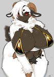 anthro big_breasts bikini biped black_body black_fur breasts closed_smile clothing eyebrows female fur gold_bikini hooves looking_at_viewer mouth_closed multicolored_body multicolored_fur pupils red_eyes simple_background smile solo standing swimwear two-piece_swimsuit white_body white_fur sirn_0121 golden_week bovid caprine mammal sheep hi_res