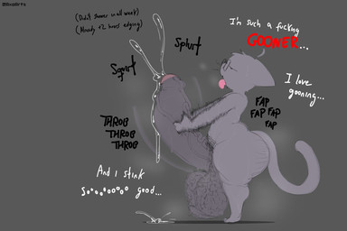 anthro balls big_balls big_butt big_penis black_eyes black_eyewear black_glasses bodily_fluids body_hair butt butt_hair dripping edging eyewear fur genital_fluids genitals glasses gooner gooning grey_background grey_body grey_ears grey_fur grey_hair grey_nose grey_tail hair hairy_balls half-closed_eyes hand_on_own_penis hand_on_penis huge_balls huge_penis hyper hyper_balls hyper_genitalia hyper_penis looking_pleasured male markings masturbation mole_(marking) motion_lines narrowed_eyes nude onomatopoeia penile penile_masturbation penis precum precum_drip precum_string pubes side_view simple_background smelly solo sound_effects standing sweat tail text thick_thighs tongue tongue_out whiskers axoarts axo_(axoarts) domestic_cat felid feline felis mammal 2026 artist_name digital_media_(artwork) english_text hi_res