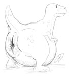 ambiguous_gender anus anus_only big_anus claws featureless_crotch feral huge_anus hyper hyper_anus raised_tail simple_background solo tail goatboner_(artist) dinosaur prehistoric_species reptile scalie hi_res monochrome signature sketch