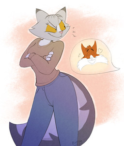 annoyed anthro blue_bottomwear blue_clothing blue_pants bottomwear clothed clothed_female clothing crossed_arms dialogue duo female fluffy fluffy_tail funny_face fur grey_body grey_fur happy husband husband_and_wife light_body light_fur looking_at_another looking_at_partner love male male/female markings married_couple mature_anthro mature_female mature_male multicolored_body multicolored_fur orange_background orange_eyes pants pink_nose pose red_body red_fur romantic romantic_couple simple_background smile smirk speech_bubble spots standing striped_body striped_fur striped_markings striped_tail stripes sweater tabby_fur tail tail_markings toony topwear turtleneck white_cheeks white_face white_markings wide_hips wife pinkish-cat rachel_miller_(pinkish-cat) winston_miller_(pinkish-cat) domestic_cat felid feline felis mammal 2025 digital_media_(artwork) flat_colors hi_res