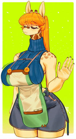 5_fingers anthro apron big_breasts black_bottomwear black_clothing black_skirt blue_clothing blue_sweater blue_topwear border bottomwear bouncing_breasts breasts brown_spots clothing eyebrow_through_hair eyebrows eyes_closed female female_anthro fingernails fingers front_view green_background hair horn huge_breasts huge_hips huge_thighs markings motion_lines mouth_closed nails orange_hair ossicone pointy_ears ponytail prick_ears simple_background skirt sleeveless_sweater solo spots spotted_body sweater tan_body thick_thighs three-quarter_view topwear translucent translucent_hair turtleneck white_border wide_hips cat_pepper memura_(cat_pepper) giraffe giraffid mammal 2026 hi_res japanese_description portrait signature three-quarter_portrait