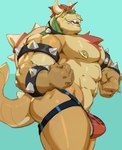 abs anthro armband barazoku big_bulge big_muscles blue_background body_hair bowser_logo bracelet bulge chest_hair clothing collar eyebrows facial_piercing hair horn horn_jewelry horn_ring jewelry jockstrap looking_at_viewer male muscular muscular_anthro muscular_male narrowed_eyes navel nipples nose_piercing nose_ring open_mouth open_smile pecs piercing ring_(jewelry) ring_piercing sharp_teeth shell simple_background smile solo spiked_armband spiked_bracelet spiked_collar spiked_shell spikes spikes_(anatomy) standing teeth thick_thighs tongue underwear vincethetiger mario_bros nintendo bowser koopa scalie 2021 absurd_res hi_res