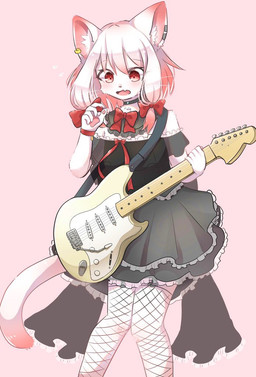 5_fingers accessory alternative_fashion anthro bangs biped bodily_fluids bow_(feature) bow_accessory bow_ribbon cheek_tuft choker clothing cute_fangs dipstick_ears dipstick_tail dress ear_markings ear_piercing electric_guitar eye_through_hair eyebrow_through_hair eyebrows facial_tuft fangs female female_anthro fingers fishnet_clothing fishnet_legwear flying_sweatdrops frilly frilly_clothing fur goth gothic_lolita gradient_hair grey_clothing grey_dress guitar hair hair_accessory hair_bow hair_ribbon holding_guitar holding_musical_instrument holding_object inner_ear_fluff j-fashion jewelry kemono knock-kneed legwear lolita_(fashion) long_hair looking_down markings multicolored_body multicolored_ears multicolored_fur multicolored_hair musical_instrument necklace open_mouth pawpads piercing pink_background pink_body pink_ears pink_eyes pink_fur pink_hair pink_inner_ear pink_nose pink_pawpads pink_tail pink_tongue plucked_string_instrument raised_hand red_bow ribbons simple_background solo standing string_instrument sweat sweatdrop tail tail_markings teeth thigh_highs tongue translucent translucent_hair tuft two_tone_body two_tone_ears two_tone_fur two_tone_hair two_tone_tail whiskers white_body white_ears white_fur white_hair white_inner_ear_fluff white_tail white_whiskers wristband kuro_kemo28 domestic_cat felid feline felis mammal 2020 digital_media_(artwork) pastel_theme