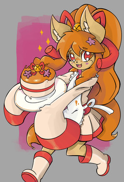 accessory anthro apron asian_clothing bell blush blush_stickers boots bow_ribbon cake cherry_blossom chibi clothing dessert ear_tuft east_asian_clothing facial_tuft female flower food footwear fur hair hair_accessory hair_bow hair_ribbon holding_cake holding_food holding_object holding_plate japanese_clothing kimono long_hair looking_at_viewer open_mouth open_smile orange_body orange_fur orange_hair oversized_sleeves plant plate ponytail prunus_(flower) red_eyes ribbons sash shoes simple_background smile solo sparkles text tuft white_apron white_clothing snoutless undertale undertale_(series) undertale_yellow ceroba_ketsukane canid canine fox mammal 2025 absurd_res artist_name digital_drawing_(artwork) digital_media_(artwork) hi_res