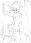 anthro balls bathroom bodily_fluids clothing erection genital_fluids genitals humanoid_genitalia humanoid_penis male male_peeing peeing peeing_while_erect penis solo tail urine watersports young young_anthro jumpyneko domestic_cat felid feline felis mammal greyscale line_art monochrome