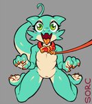 anthro collar collar_only featureless_chest female flat_chested glistening glistening_body green_body green_eyes green_skin kneeling kobold leash looking_at_viewer navel nude scalie simple_background solo sorc tongue tongue_out