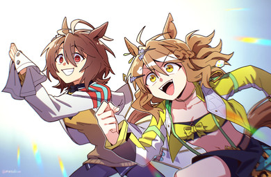 :d accessory action_pose ahoge bandeau belt black_bandeau black_bottomwear black_clothing black_legwear black_pantyhose black_skirt black_topwear bottomwear breasts brown_belt brown_ears brown_hair brown_tail cleavage clothed clothing coat duo ear_piercing female grin hair hair_accessory hairclip jacket lab_coat legwear midriff navel notched_ear open_clothing open_coat open_jacket open_mouth open_smile open_topwear pantyhose piercing pose red_eyes running short_hair skirt small_breasts smile suspenders sweater tail teeth topwear white_clothing white_coat white_topwear yellow_clothing yellow_eyes yellow_jacket_(clothing) yellow_sweater yellow_topwear mazu1kan cygames uma_musume_pretty_derby agnes_tachyon_(pretty_derby) jungle_pocket_(pretty_derby) animal_humanoid equid equid_humanoid equine equine_humanoid horse_humanoid humanoid mammal mammal_humanoid hi_res