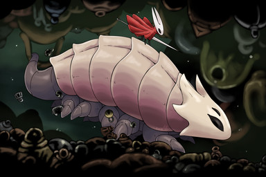 2_horns bell biped black_eyes cloak clothing detailed_background duo horn melee_weapon multi_eye red_cloak red_clothing side_view tail weapon nemo_namikaze hollow_knight:_silksong hollow_knight_(franchise) team_cherry bell_beast hornet_(hollow_knight) arthropod 2025 3:2 absurd_res hi_res female_(lore)