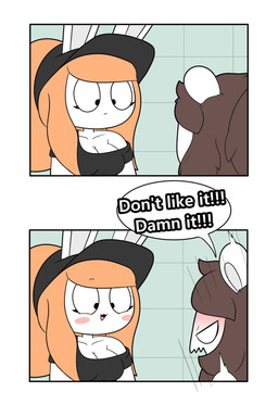anthro bathroom black_clothing black_hat black_headwear blush breasts brown_hair cleavage clothed clothing dialogue duo eyelashes female hair hat headgear headwear male orange_hair ponytail speech_bubble text tonytoran tina_(tonytoran) tony_(tonytoran) chinchilla chinchillid lagomorph leporid mammal rabbit rodent absurd_res comic hi_res