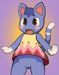 anthro anthrofied blue_body blue_fur blush bottomless clothed clothing fangs female fur genitals hair open_mouth pose pussy simple_background smile solo standing teeth upskirt infamousrel pokeandpenetrate animal_crossing nintendo rosie_(animal_crossing) domestic_cat felid feline felis mammal 2017 alternate_version_at_source digital_media_(artwork) hi_res pinup