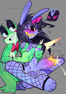 anthro areola armwear big_ears big_penis black_hair blush blush_lines breast_play breasts clothing crossed_legs duo ejaculation erection female fishnet_armwear fishnet_clothing fishnet_legwear fishnet_shirt fishnet_thigh_highs fishnet_topwear fur genitals green_body grey_background gynomorph gynomorph/female hair hands-free heart_symbol humanoid_genitalia humanoid_hands humanoid_penis intersex intersex/female legwear long_hair looking_pleasured navel nipples orgasm penis pink_hair_bow purple_areola purple_body purple_fur purple_nipples shaking_legs shaking_orgasm shirt simple_background smile thigh_highs topwear disabledfetus glitch_productions the_amazing_digital_circus gooseworx's_post-transition_jax_design jax_(tadc) ribbit_(tadc) amphibian frog lagomorph leporid mammal rabbit 2026 digital_drawing_(artwork) digital_media_(artwork) hi_res trans_(lore) trans_woman_(lore)