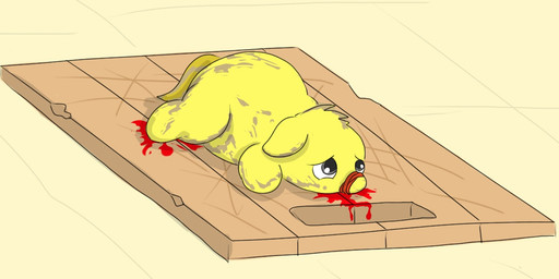 abuse ambiguous_feral ambiguous_gender blood bodily_fluids chopping_board dirty featureless_feet featureless_hands feet feral fur gore grey_eyes lying monotone_body monotone_fur narrowed_eyes neonate on_front simple_background solo tail tied_muzzle yellow_background yellow_body yellow_fur yellow_tail young young_ambiguous young_feral carpdime fluffy_pony fluffy_pony_(species) mammal digital_media_(artwork) shaded