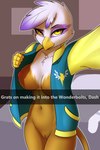 2017 2:3 absurd_res anthro anthrofied avian beak bottomless breasts camera_view clothed clothing conditional_dnp english_text feathers female friendship_is_magic genitals gilda_(mlp) gryphon hasbro hi_res jacket looking_at_viewer my_little_pony mythological_avian mythological_creature mythology navel nipples non-mammal_breasts one_breast_out open_clothing open_jacket open_topwear pudgeruffian pussy selfie smile snapchat solo tail text topwear yellow_eyes