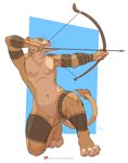 aiming anthro arm_tattoo arrow_(weapon) athletic athletic_anthro athletic_female blue_background bow_(weapon) breasts female female_anthro fur genitals geometric_background holding_bow_(weapon) holding_object holding_ranged_weapon holding_weapon hunter kneeling leg_tattoo looking_aside markings muscular muscular_female navel nipples nordic norse nude nude_anthro nude_female on_one_knee pussy ranged_weapon simple_background small_breasts solo tan_body tan_fur tattoo text tribal weapon negy felid lion mammal pantherine color_contrast digital_media_(artwork) english_text full-length_portrait hi_res portrait shaded simple_shading