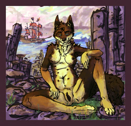 anthro black_nipples black_vulva blue_eyes boat breasts female genitals grin multi_nipple nipples pose sea smile smirk solo spread_legs spreading teats vehicle vulva water watercraft cool. canid canine canis coyote mammal 2019 character_request hi_res pinup
