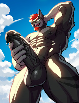 anthro black_body black_fur bodily_fluids echo_(pup_echo) erection fur genitals hair holding_penis male pansexual penis piercing red_hair solo vein veiny_penis belwulf canid canine canis dobermann domestic_dog mammal pinscher absurd_res hi_res
