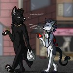 anthro apple black_body black_fur blurred_background building collar dialogue duo ear_piercing ear_ring food fruit fur groceries horn inner_ear_fluff male occult_symbol outside pawpads pentagram piercing plant ring_piercing spade_tail spiked_collar spikes symbol tail text tuft artsyclaws mythology shadethehellhound canid canid_demon canine canis demon hellhound humanoid mammal mythological_canine mythological_creature wolf 2022 english_text hi_res