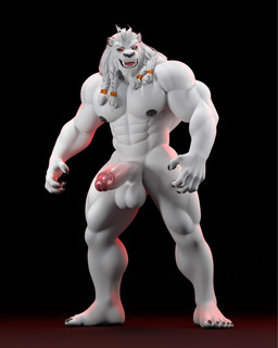 abs anthro balls biceps fur genitals male muscular muscular_anthro muscular_male nipples pecs penis red_eyes solo white_body white_fur leodamodeler leothemodeler leodamodeler_(modeler) thokk_(invincible) alien dornian felid lion mammal pantherine hi_res