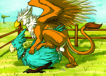ambiguous_gender animal_genitalia anus backsack balls beak blue_body blue_feathers bodily_fluids butt cloaca cloacal cloacal_penetration cloud collar corral cum cum_in_cloaca cum_inside day duo erection eyes_closed feathered_wings feathers fence feral feral_on_feral field from_behind_position genital_fluids genitals interspecies lying male male/ambiguous mount nude on_front outside penetration penis red_eyes sex shadow sky tail wings syrinoth final_fantasy mythology square_enix gryphon489 avian bird chocobo gryphon mythological_avian mythological_creature 2011 shaded