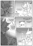 absurd_res anthro canid canine clothed clothing comic dialogue door ear_piercing electronics english_text fox group hi_res hybrid inner_ear_fluff inside kif_yppreah kifyun2 male mammal monochrome necktie open_mouth phone piercing prosthetic prosthetic_arm prosthetic_limb raphael_yppreah screen simple_background speech_bubble tatsuo_kimura text trio tuft window