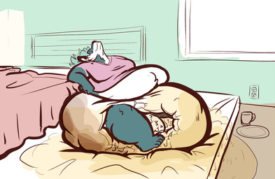 anthro balls bed big_balls big_diaper big_penis black_nose black_penis blue_body blue_fur blue_hair bodily_fluids bulge clothed clothing diaper diaper_bulge erection excessive_feces feces fur furniture genital_fluids genitals hair huge_diaper hyper hyper_diaper hyper_feces hyper_urine leaking leaking_diaper leg_guard_peekage male overweight penis pink_clothing pink_shirt pink_topwear shirt simple_background sitting sleeping soiled_diaper solo stained_diaper topwear unclean_diaper urine used_diaper using_diaper wearing_diaper wet_diaper wetting wetting_diaper white_body white_fur bigasshyperdiaper bigasshyperdiaper_(character)