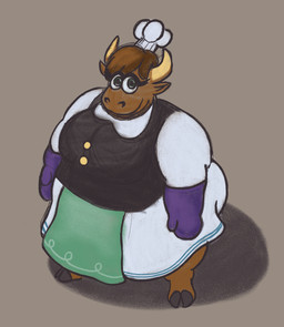 2_horns anthro apron baker bangs barefoot big_breasts black_clothing black_hooves black_topwear black_vest breasts button_(fastener) chef_hat closed_smile clothed clothed_anthro clothed_female clothing cloven_hooves curved_horn dress eyelashes eyelashes_through_hair feet female green_apron green_clothing green_eyes grey_background hair handwear hat headgear headwear high-angle_view hooves horn light looking_at_viewer mouth_closed obese obese_anthro obese_female oven_mitts overweight overweight_anthro overweight_female purple_clothing purple_handwear purple_oven_mitts short_hair simple_background smile smiling_at_viewer solo tan_horn thick_eyelashes topwear translucent translucent_hair vest white_clothing white_dress white_hat white_headwear creachurecomforts cookie_haus jackbox_games the_jackbox_party_pack moonique_(cookie_haus) bovid bovine cattle mammal 2025 colored digital_drawing_(artwork) digital_media_(artwork) english_description hi_res lighting shaded simple_shading