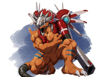 3_toes abs anthro armor armor_damage barazoku battle_damage biceps calf_muscles claws clothing clutching_chest cybernetics damaged featureless_crotch feet gun_arm hair headgear helmet horn machine male muscular muscular_anthro muscular_male muscular_thighs on_knee orange_body pecs railgun ranged_weapon red_hair scratches simple_background solo spikes spikes_(anatomy) tail thick_thighs toes wardrobe_malfunction weapon weapon_arm wounded sh1ron2 bandai_namco digimon cyborg digimon_(species) rizegreymon scalie 2026 5:4 hi_res