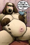 2:3 aardman_animations absurd_res anthro areola band1tnsfw belly belly_nipples big_areola big_belly big_breasts big_nipples black_collar black_nose blue_cup blush blush_lines bodily_fluids breasts brown_body brown_ears brown_fur brown_markings brown_tail canid canine canis chair collar container cup dark_areola dark_nipples dialogue digital_drawing_(artwork) digital_media_(artwork) embarrassed english_text eyelashes female female_anthro fur furniture gromit_(wallace_and_gromit) hi_res holding_container holding_cup holding_object huge_breasts huge_nipples lactating long_eyelashes long_nipples looking_away mammal markings milk montgomery_glands multi_nipple nipples nude nude_anthro offscreen_character offscreen_male overweight overweight_anthro overweight_female portrait pregnant pregnant_anthro pregnant_female solo speech_bubble steam steaming steaming_cup stretch_marks tail tan_body tan_fur tan_skin tea_cup text wallace_and_gromit wallpaper_(decoration) wood wood_chair wood_furniture