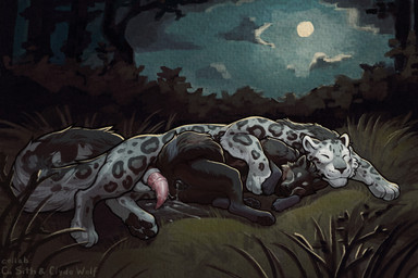 after_sex after_vaginal animal_genitalia animal_penis animal_vulva bodily_fluids canine_genitalia canine_vulva cum cum_in_vagina cum_inside cum_on_penis duo erection feline_genitalia feline_penis female feral feral_on_feral fluffy fluffy_tail forest forest_background fur genitails genital_fluids genitals interspecies male male/female moon nature nature_background outside pawpads penis plant quadruped sheath sleeping tail tree vulva clyde_wolf cu_sith_(artist) hiona tai_(fluffydoom) canid canine canis felid feline mammal pantherine wolf artist_collaboration hi_res