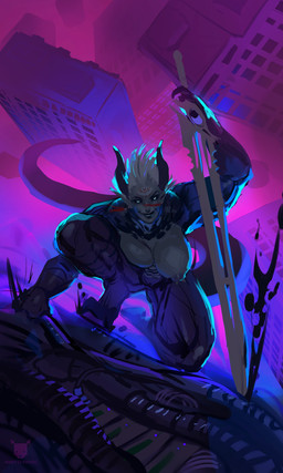 anthro areola battle big_breasts breasts building building_destruction butt claws destruction ear_piercing feet female fingers hair horn humanoid_pointy_ears looking_at_viewer machine melee_weapon muscular muscular_anthro muscular_female nipple_piercing nipples not_furry nude outside piercing pointy_ears server smile solo sword tail teeth thick_thighs weapon wire kostictoxic mythology usyn_(usynw) humanoid mythological_creature digital_drawing_(artwork) digital_media_(artwork) shaded signature