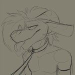 anthro brown_background collar curled_horn featureless_chest forked_tongue hair horn leash long_ears male short_hair simple_background smile solo tongue koluarts kolu_(koluthings) kobold scalie 1:1 bust_portrait portrait sketch