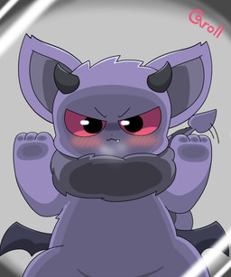 black_body black_fur black_nose blush blush_lines breath devil_horns_(gesture) feral fluffy fluffy_tail fur gesture hand_gesture looking_at_viewer male membrane_(anatomy) membranous_wings neck_tuft panting purple_body purple_fur red_eyes screen solo spade_tail tail tail_motion tailwag tuft wings azuma_minatsu caroll demon 5:6 absurd_res hi_res